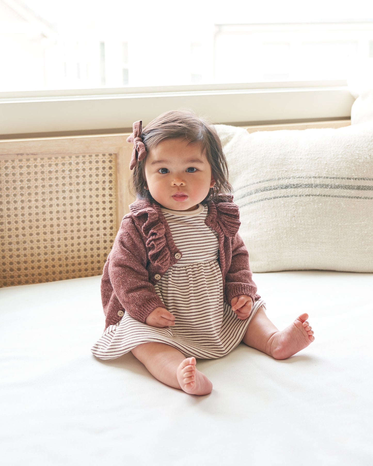 Organic Ruffle Collar Cardigan, Heathered Plum
