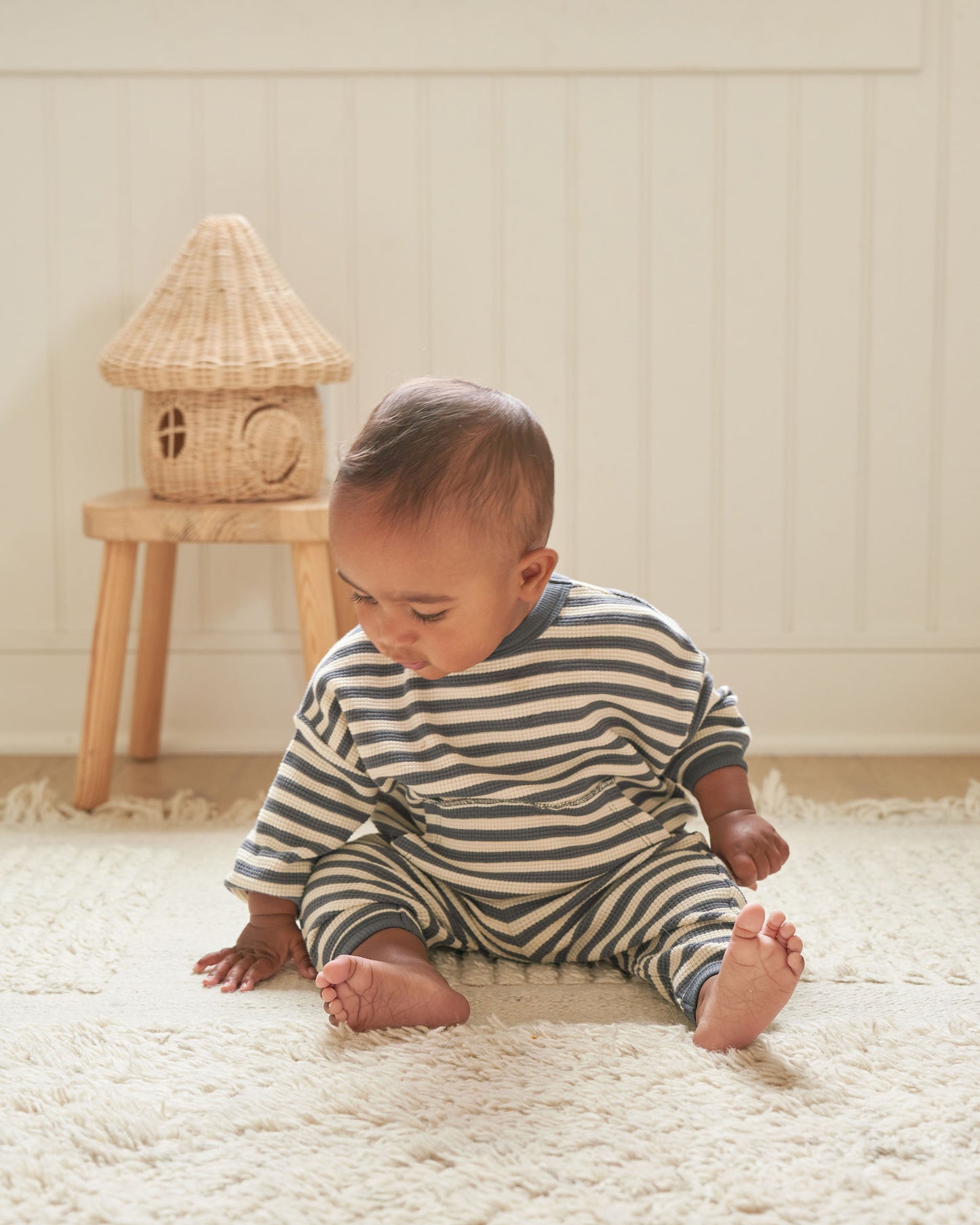 Organic Waffle Sweater & Pant Set, Navy Stripe