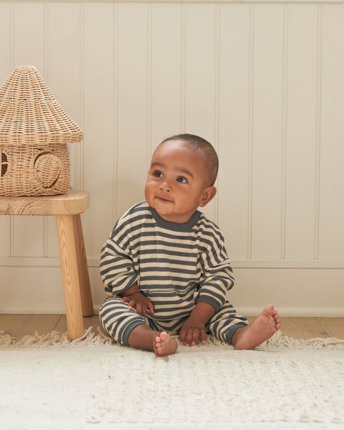 Organic Waffle Sweater & Pant Set, Navy Stripe