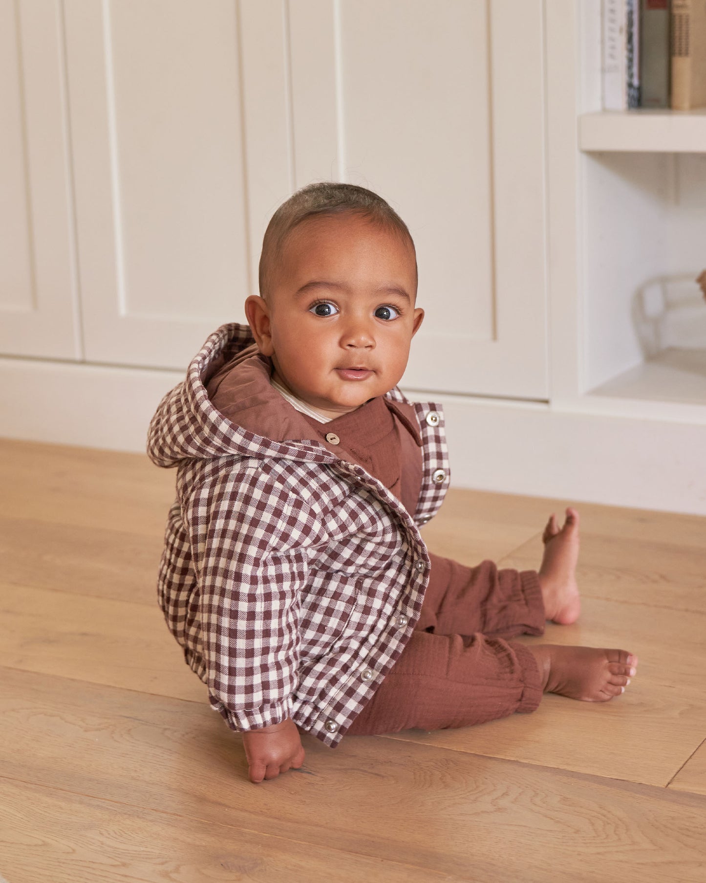 Organic Hooded Woven Jacket, Plum Gingham