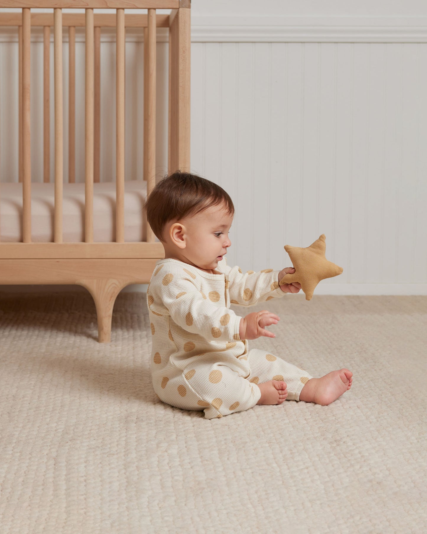 Organic Waffle Long Sleeve Jumpsuit, Butter Dots