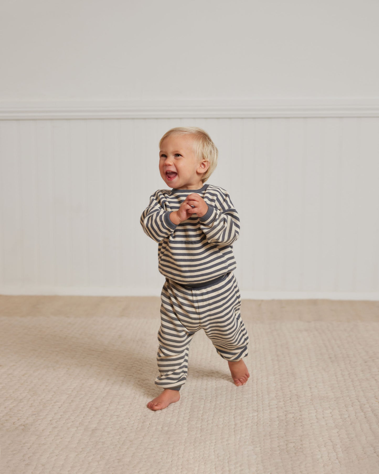 Organic Waffle Sweater & Pant Set, Navy Stripe