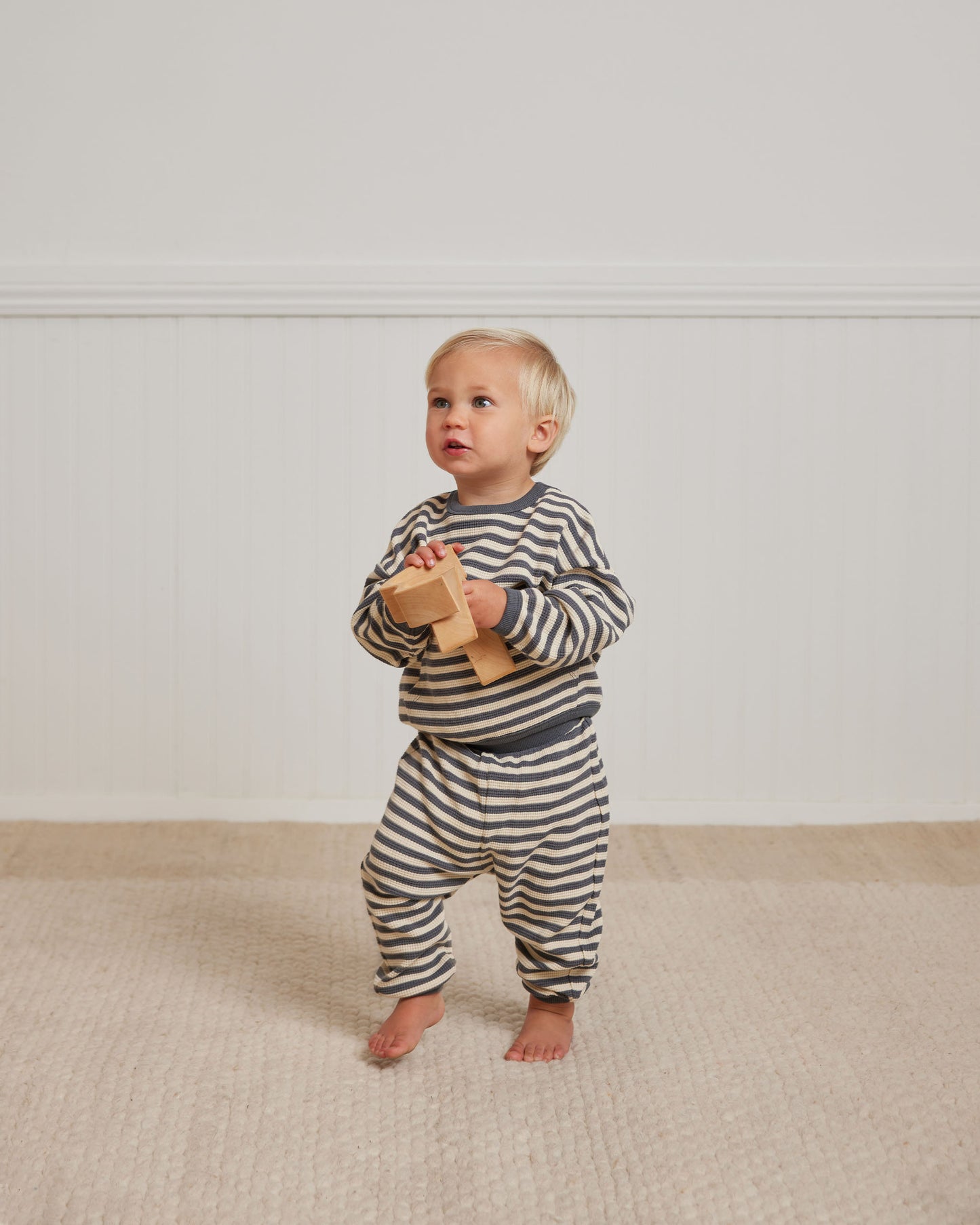 Organic Waffle Sweater & Pant Set, Navy Stripe