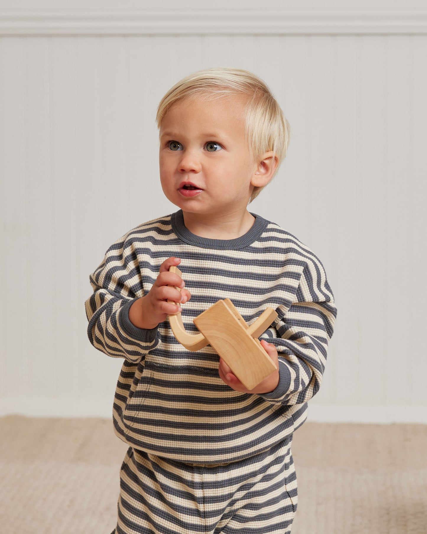 Organic Waffle Sweater & Pant Set, Navy Stripe