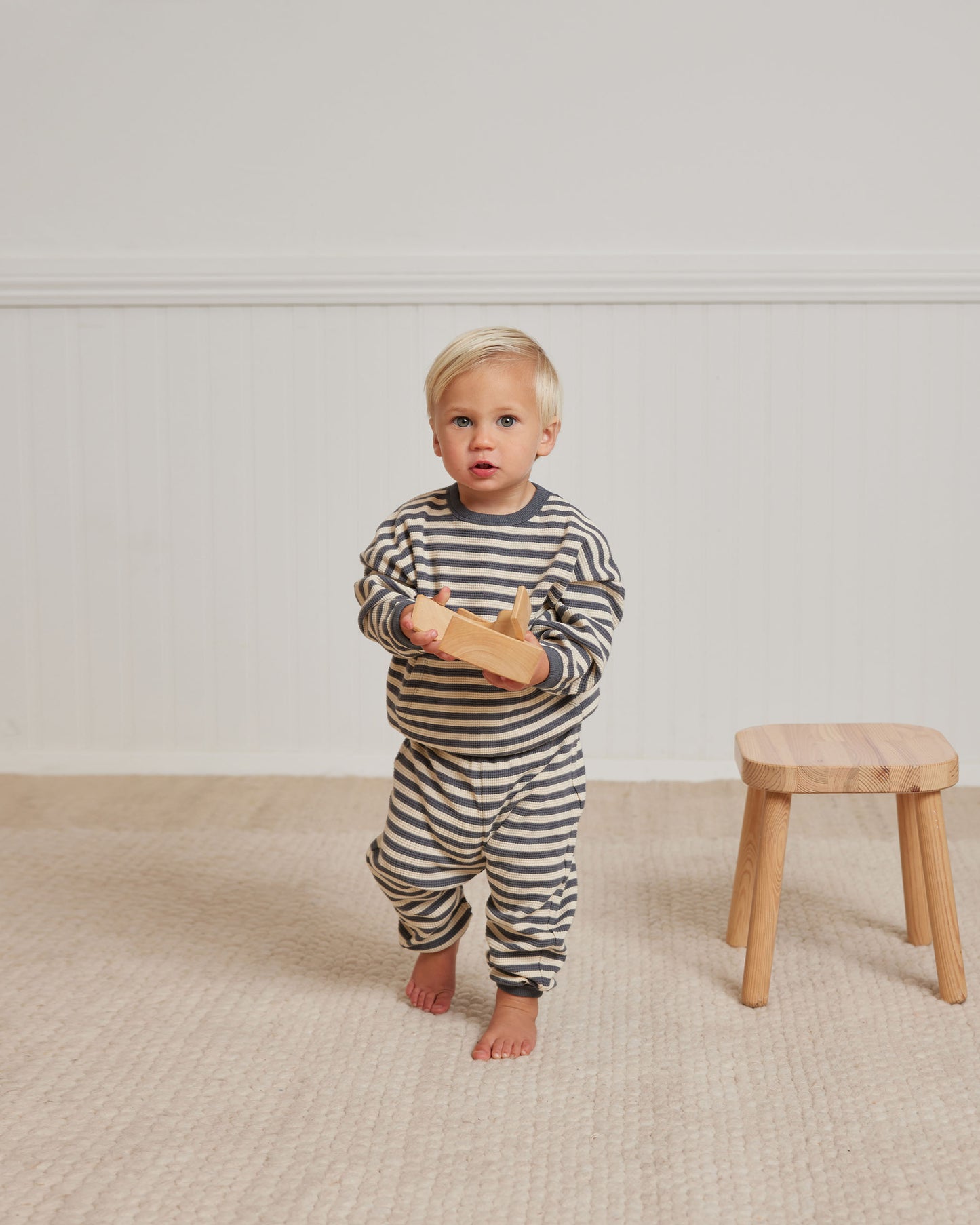Organic Waffle Sweater & Pant Set, Navy Stripe