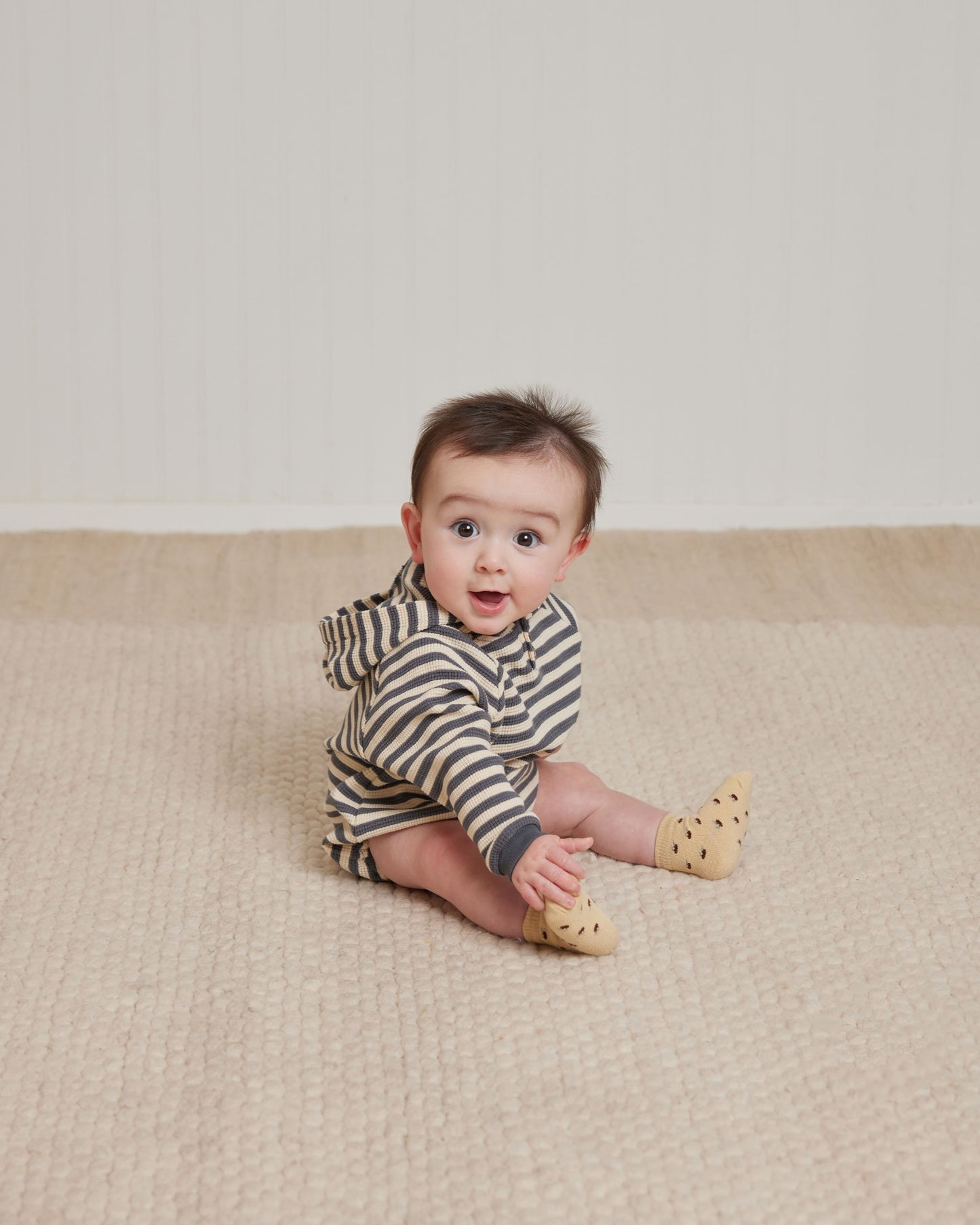 Organic Waffle Hooded Bubble Romper, Navy Stripe