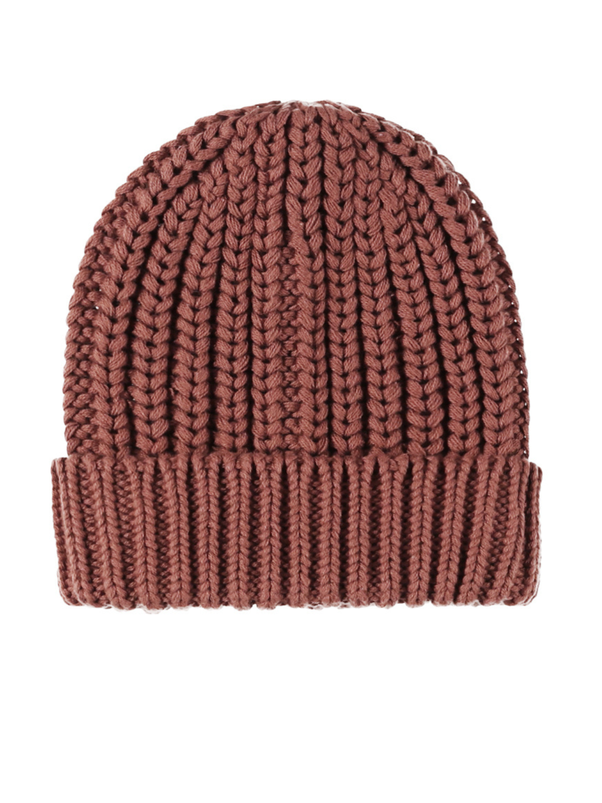 Brown knitted beanie hat with a ribbed cuff, viewed from above.