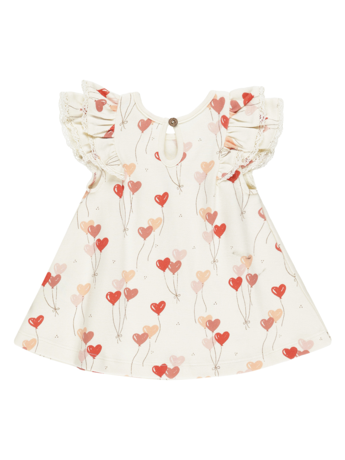 Girls' dress with ruffled sleeves and heart balloon print in soft pastel colors on a light background.