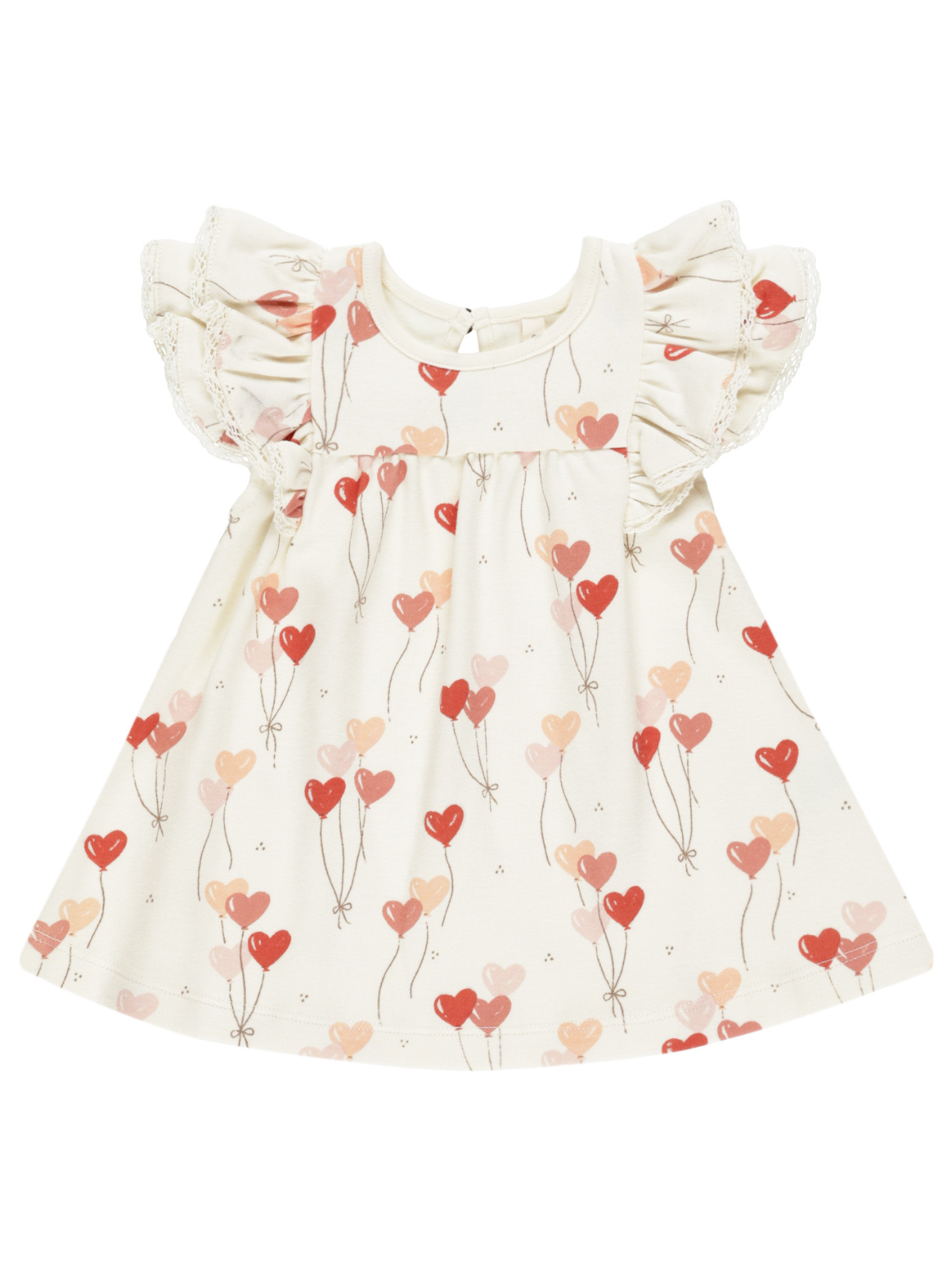 Cream dress with heart balloon print and ruffled sleeves, perfect for a playful and stylish look.