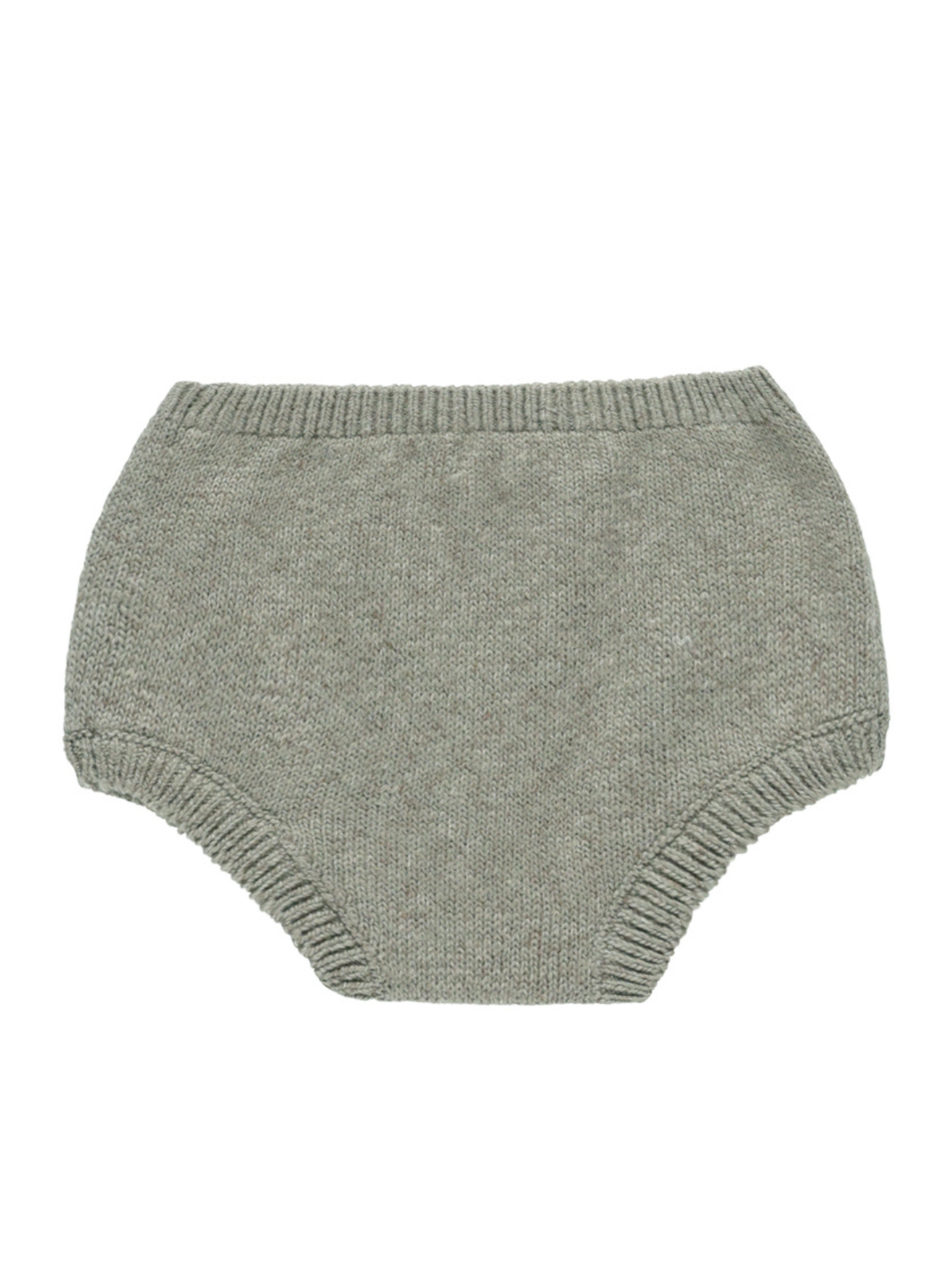 Green knitted baby romper with a ribbed waistband and leg openings, shown on a white background.