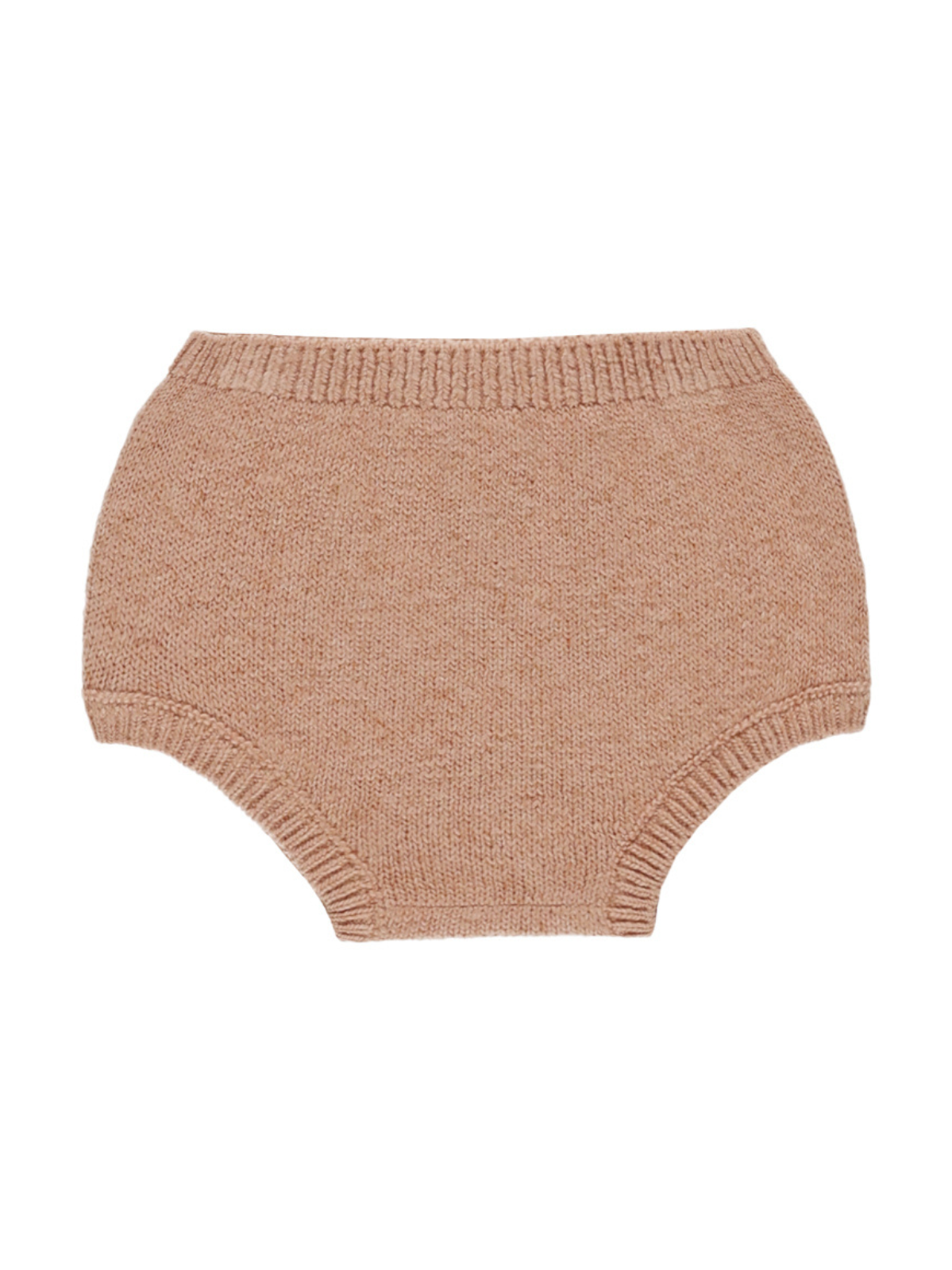 Knit baby bloomers in soft beige with a ribbed waistband and leg openings.