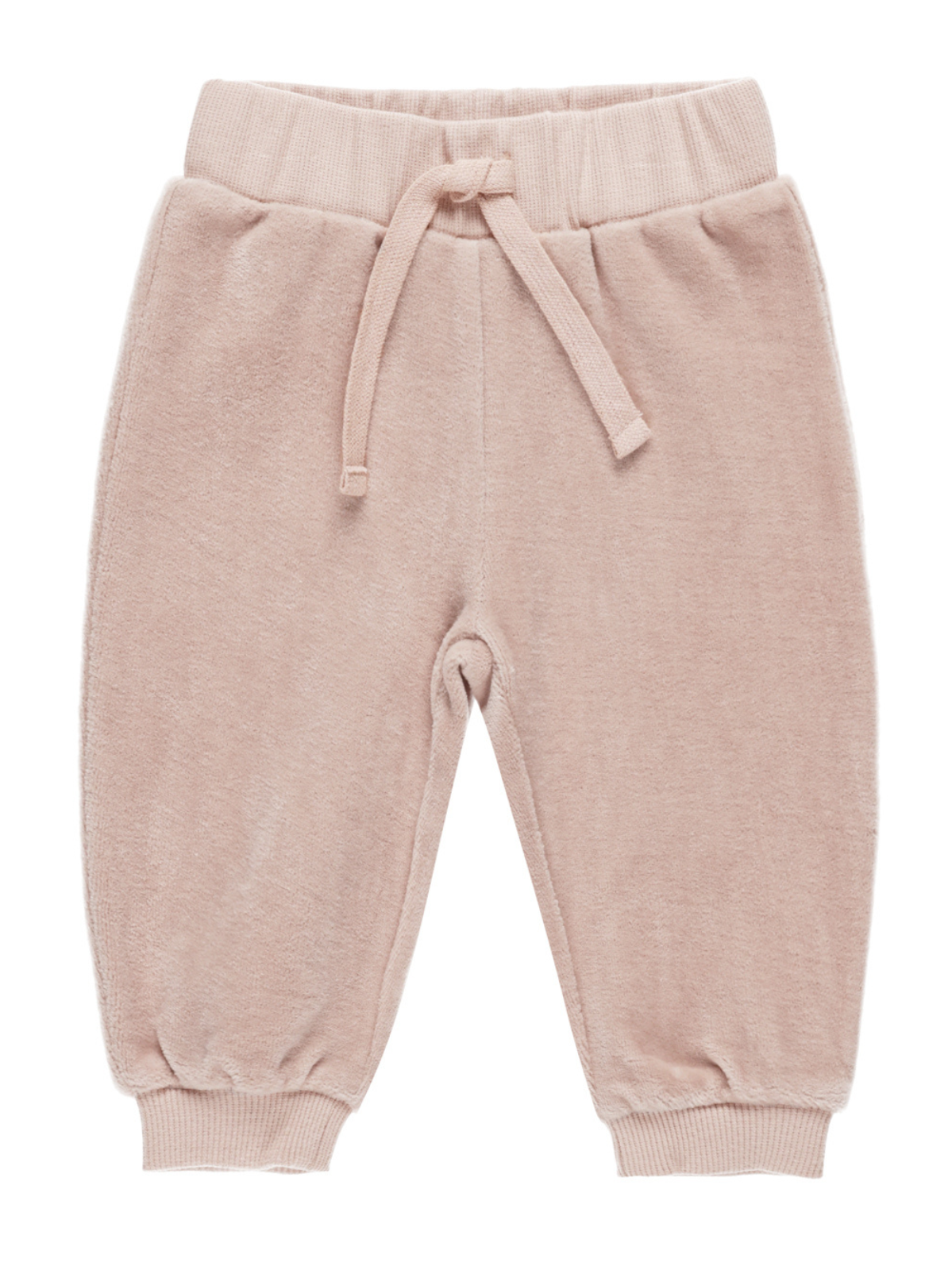 Light pink baby sweatpants with an elastic waistband and drawstring detail. Soft, comfortable fabric for infants.