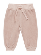 Light pink baby sweatpants with an elastic waistband and drawstring detail. Soft, comfortable fabric for infants.