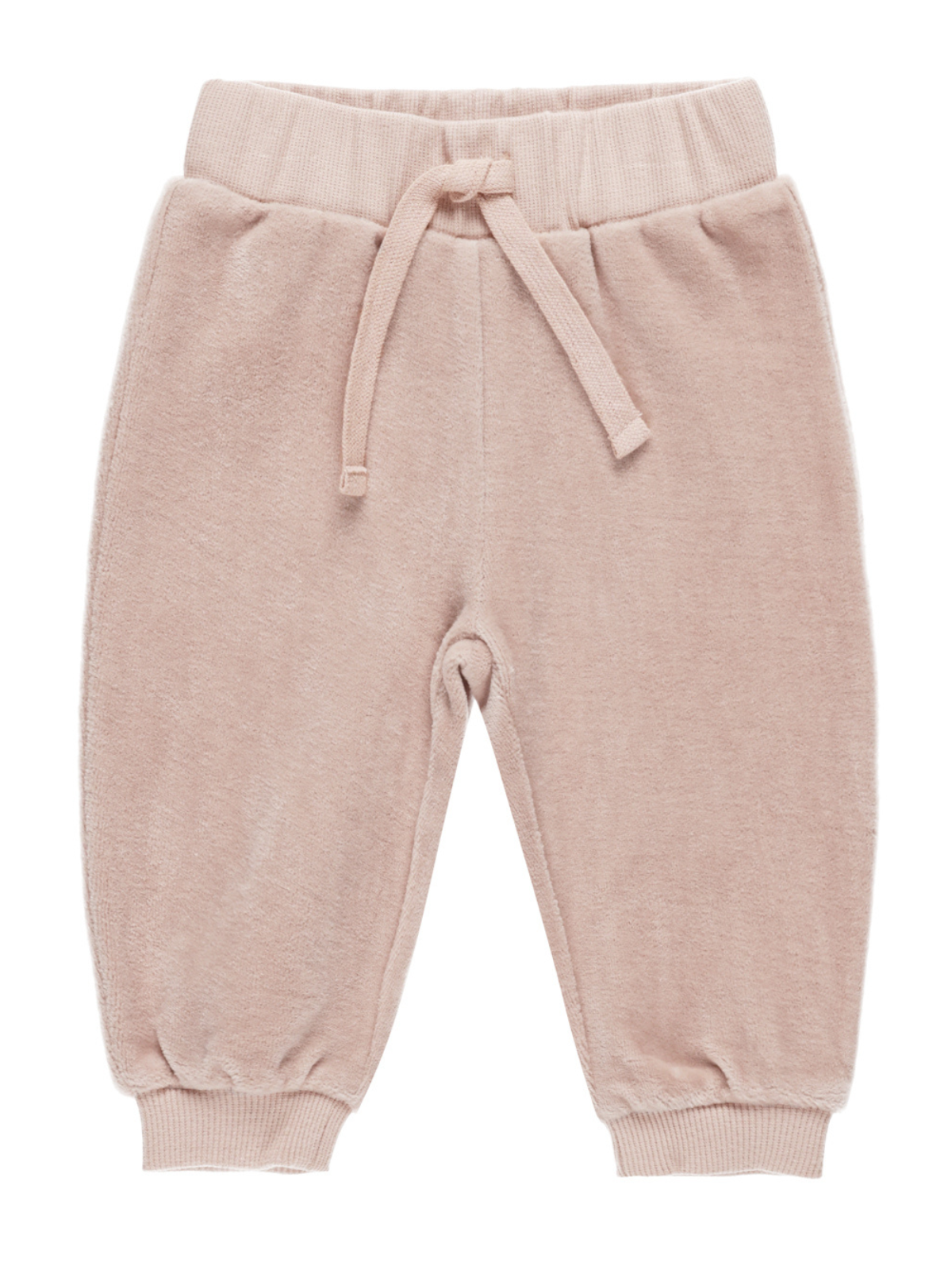 Light pink baby sweatpants with an elastic waistband and drawstring detail. Soft, comfortable fabric for infants.