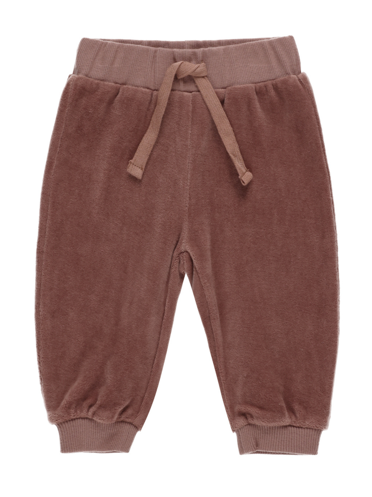 Brown plush sweatpants with an elastic waistband and drawstring, featuring gathered cuffs at the ankles.