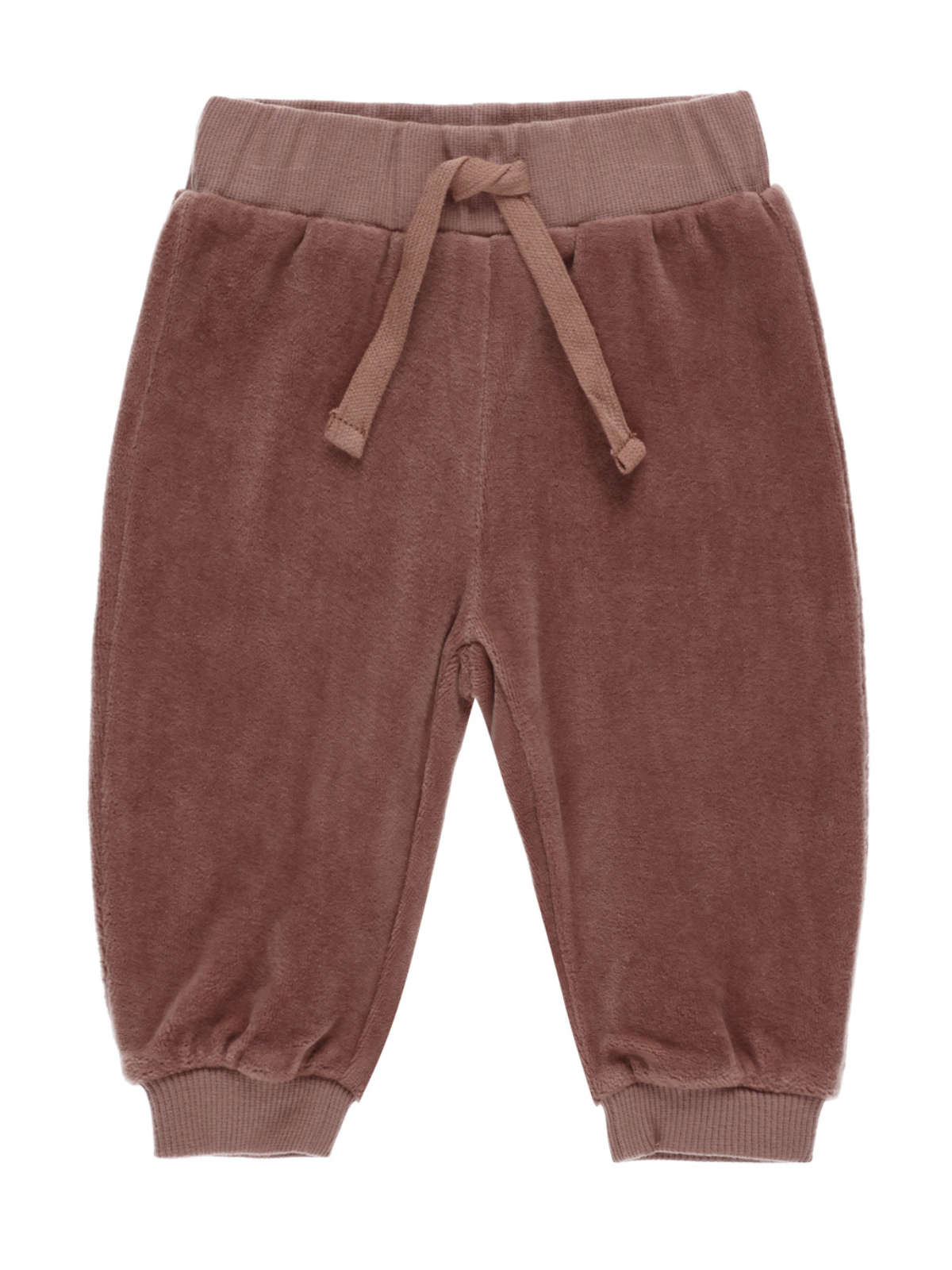 Brown plush sweatpants with an elastic waistband and drawstring, featuring gathered cuffs at the ankles.