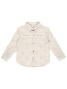 Light beige button-up shirt with floral print and two chest pockets. Long sleeves and rounded hem.