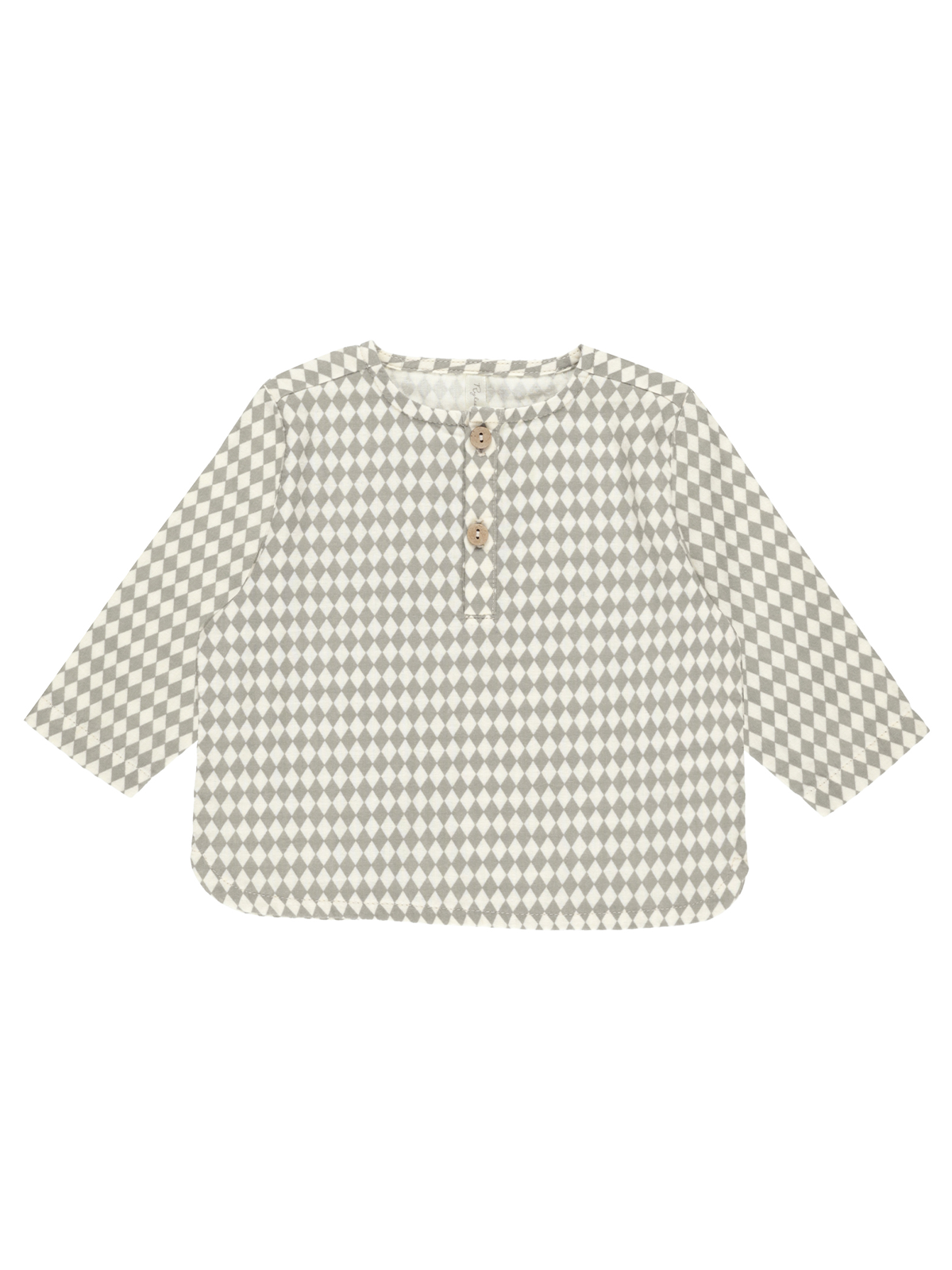 Gray and white diamond patterned long-sleeve shirt with two buttons at the neckline.