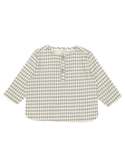 Gray and white diamond patterned long-sleeve shirt with two buttons at the neckline.