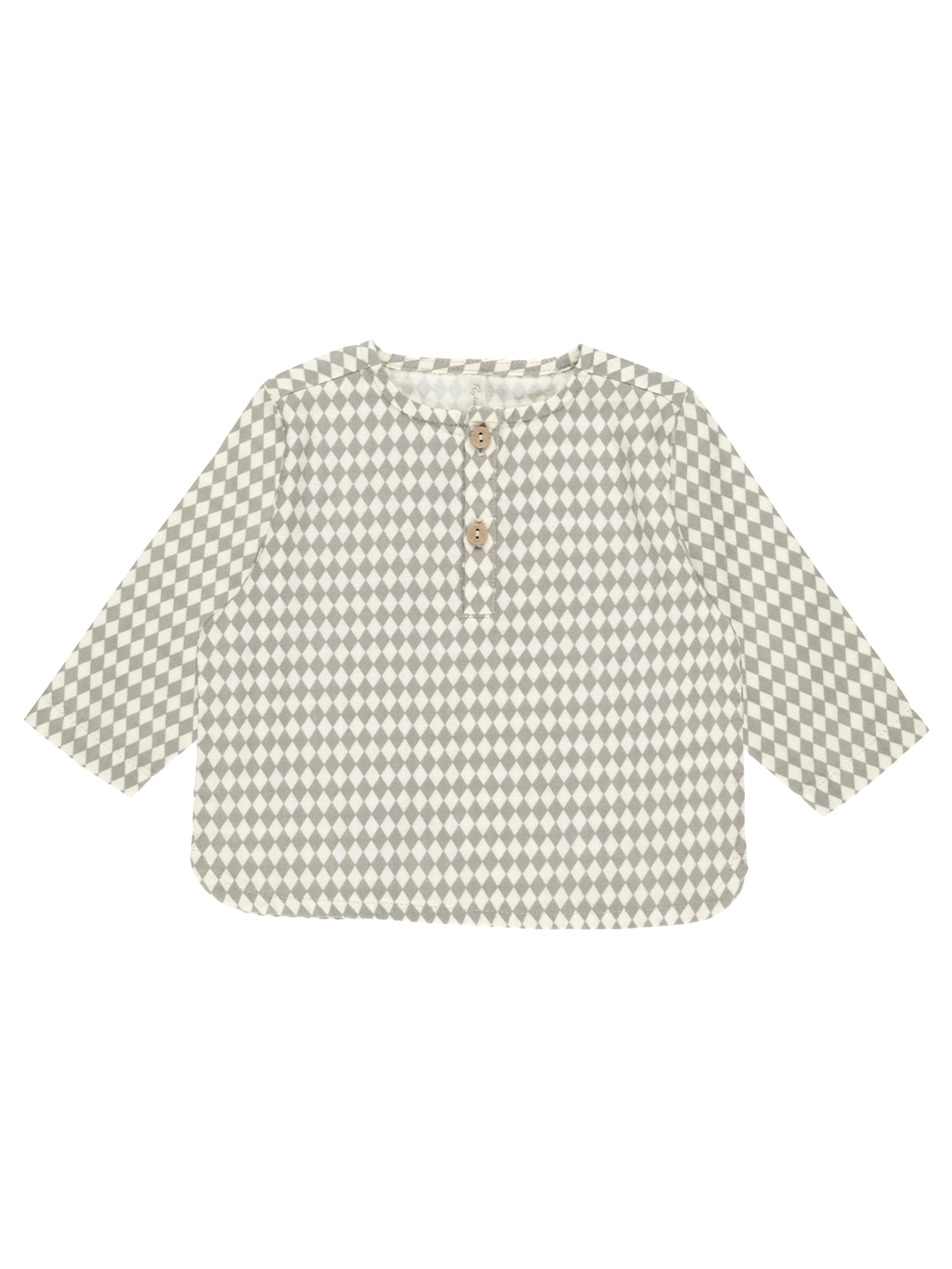 Gray and white diamond patterned long-sleeve shirt with two buttons at the neckline.