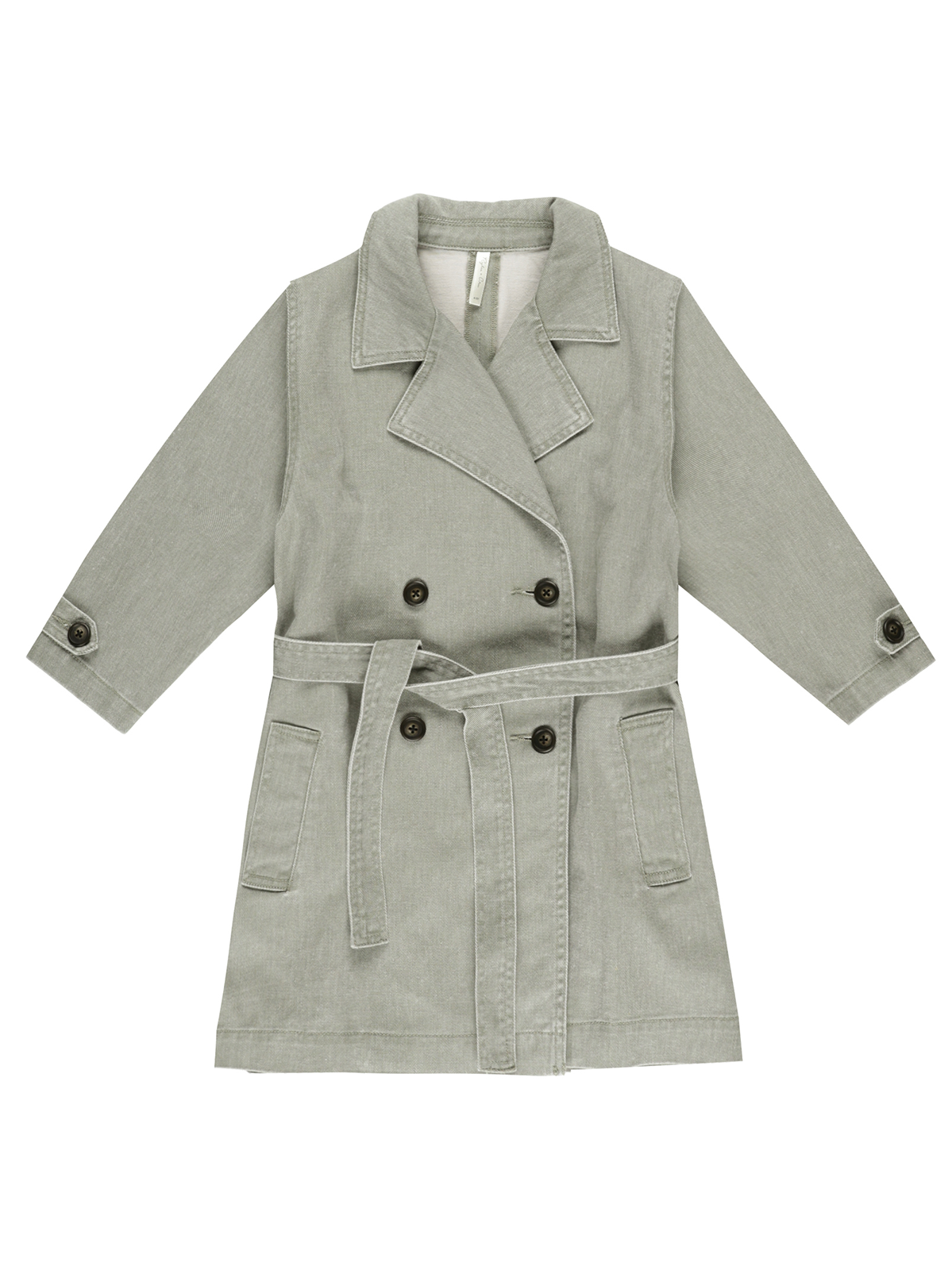 Light grey double-breasted coat with a tie belt and button details, featuring long sleeves and two front pockets.