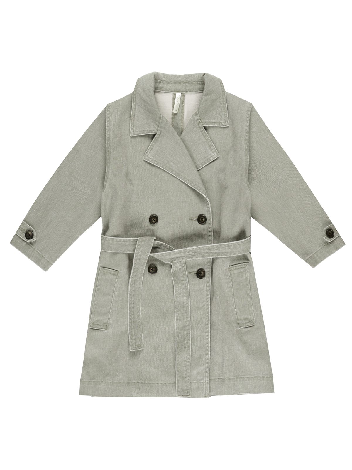 Light grey double-breasted coat with a tie belt and button details, featuring long sleeves and two front pockets.