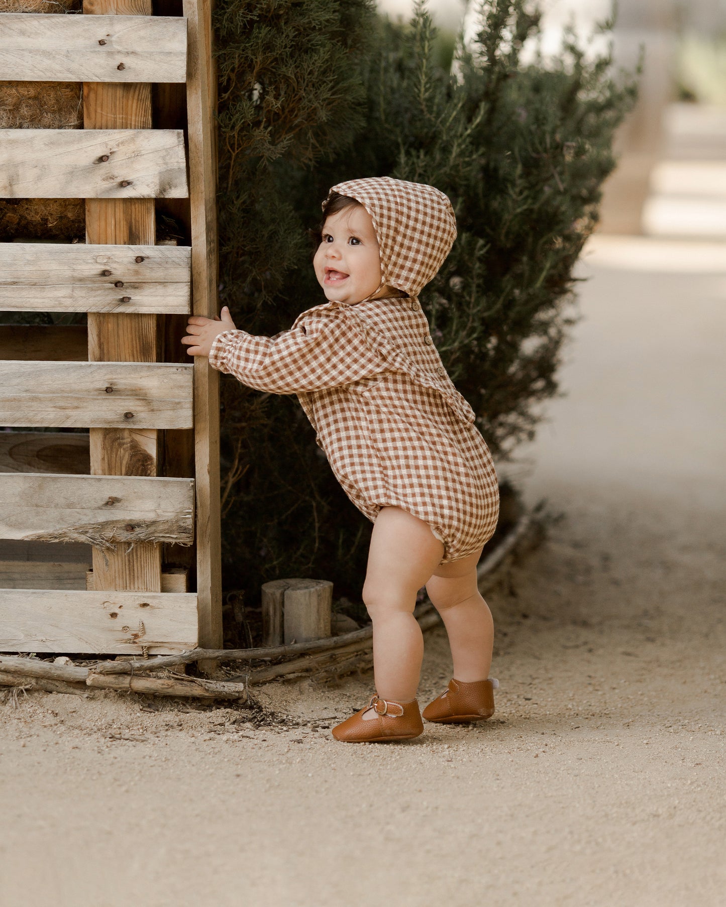 Rylee & Cru Winnie Romper, Brown Gingham