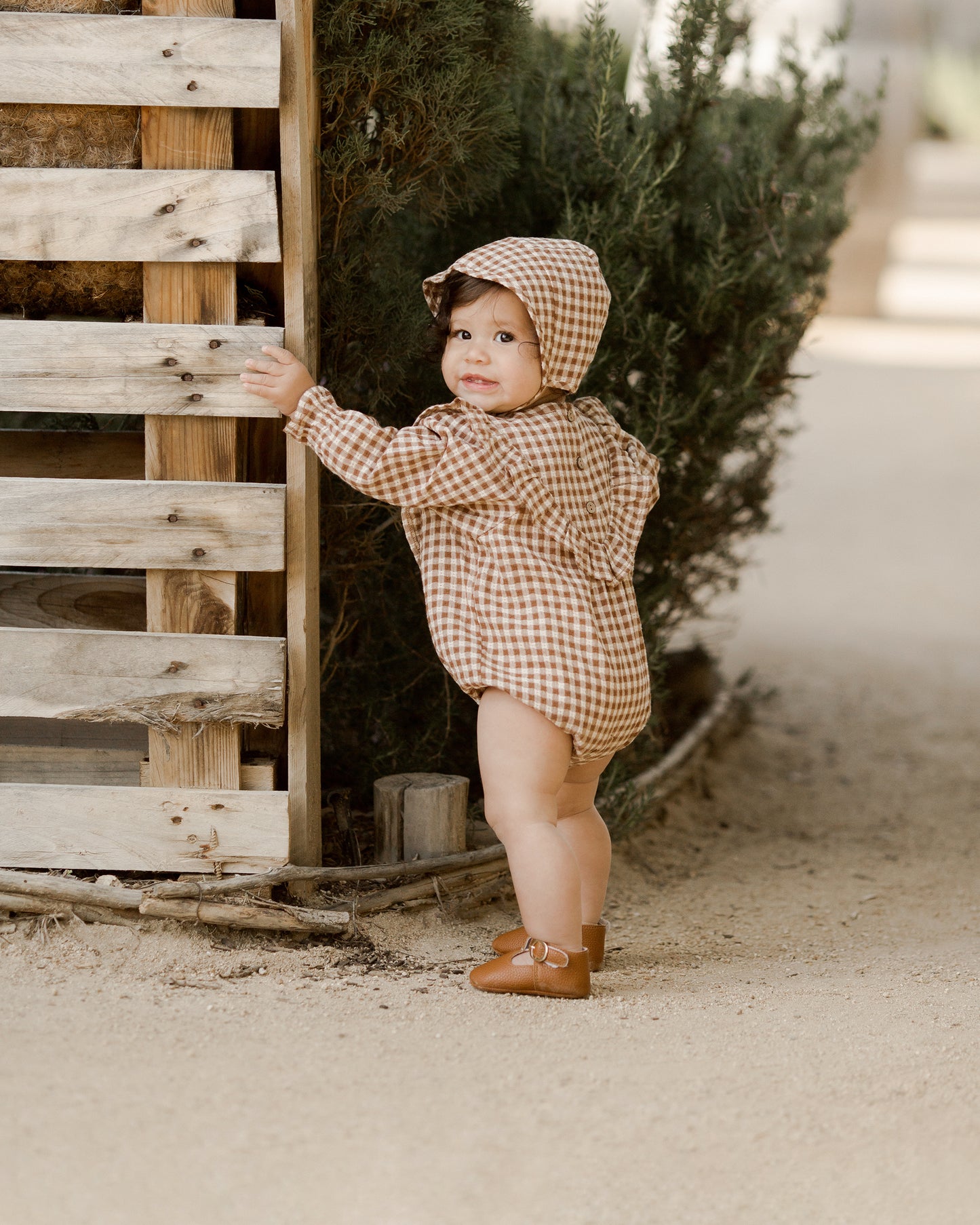 Rylee & Cru Winnie Romper, Brown Gingham