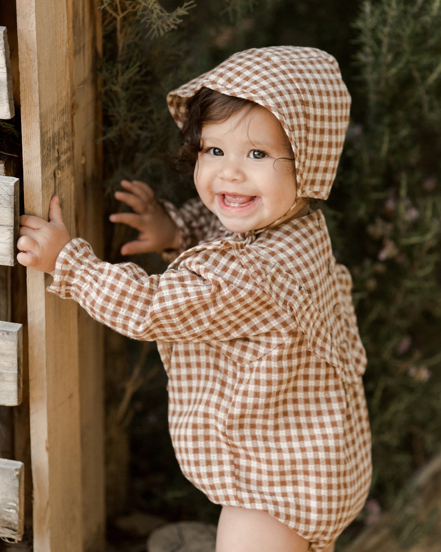 Rylee & Cru Winnie Romper, Brown Gingham