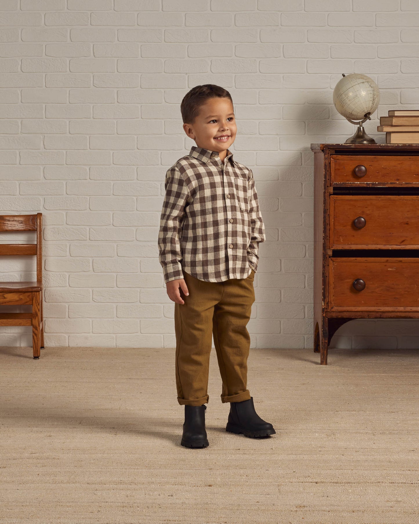 Rylee & Cru Long Sleeve Collared Shirt, Charcoal Check
