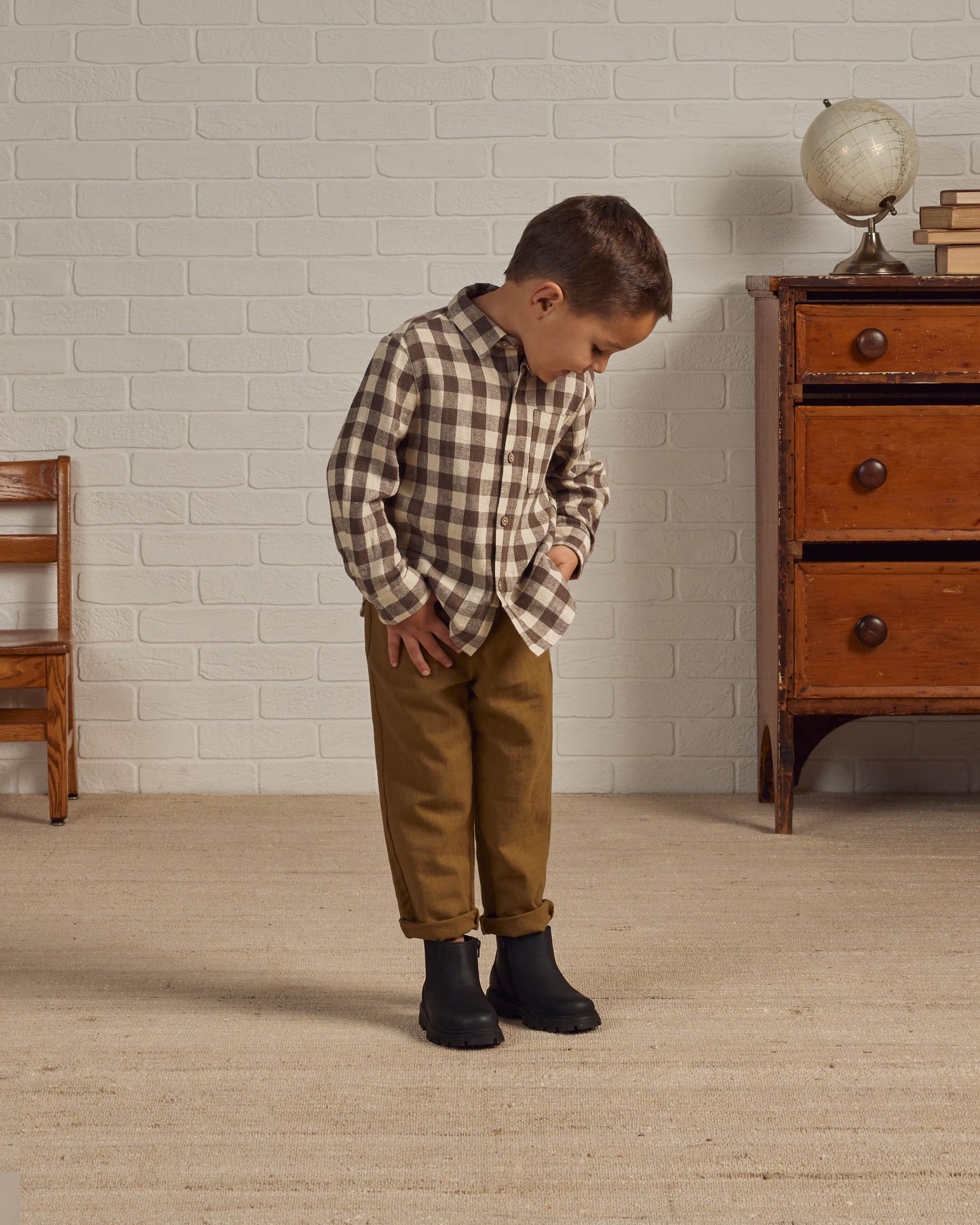 Rylee & Cru Long Sleeve Collared Shirt, Charcoal Check