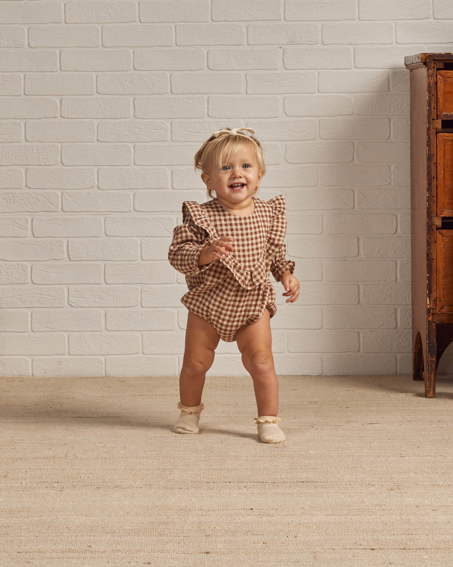 Rylee & Cru Winnie Romper, Brown Gingham