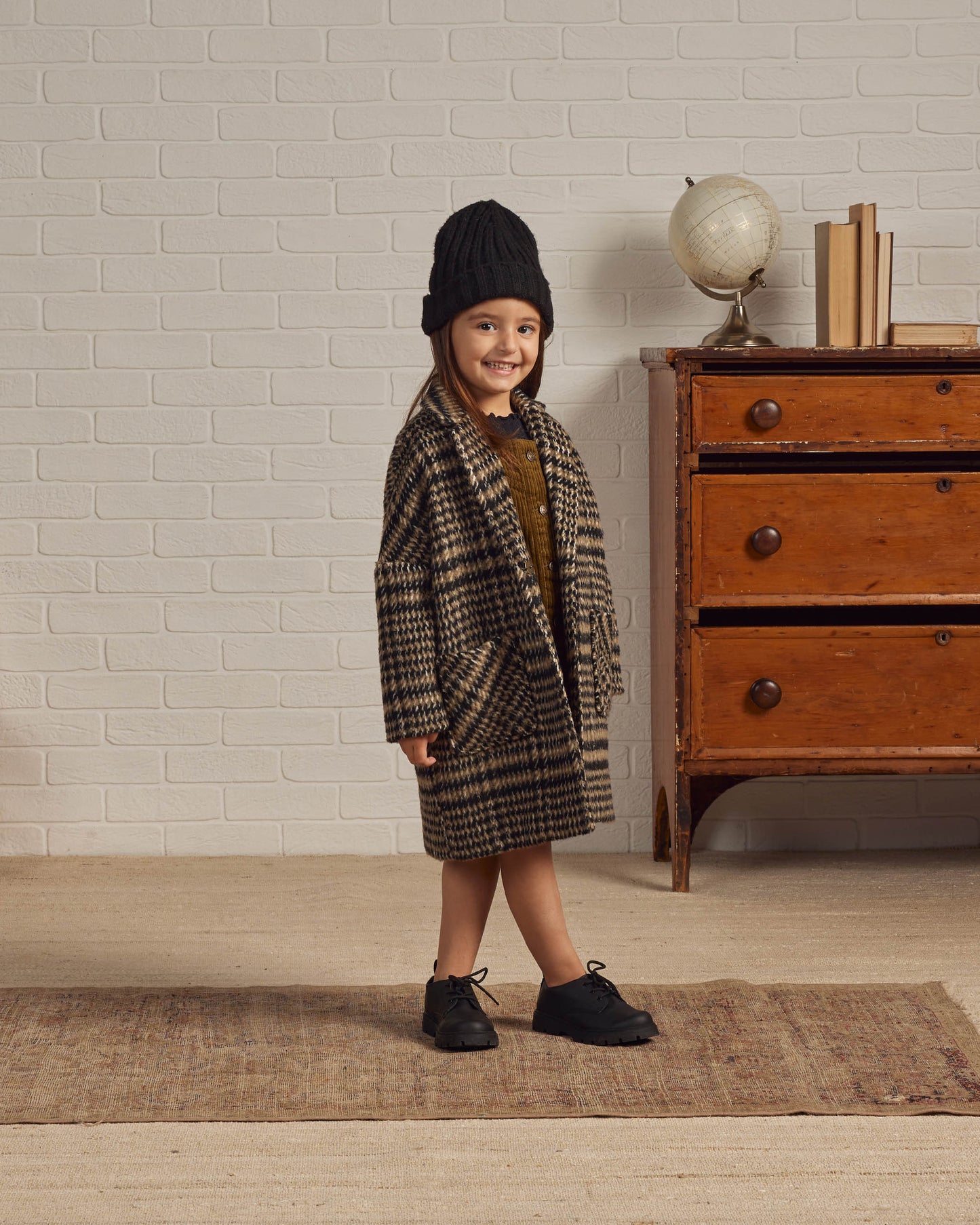 Rylee & Cru Longline Coat, Brown Houndstooth