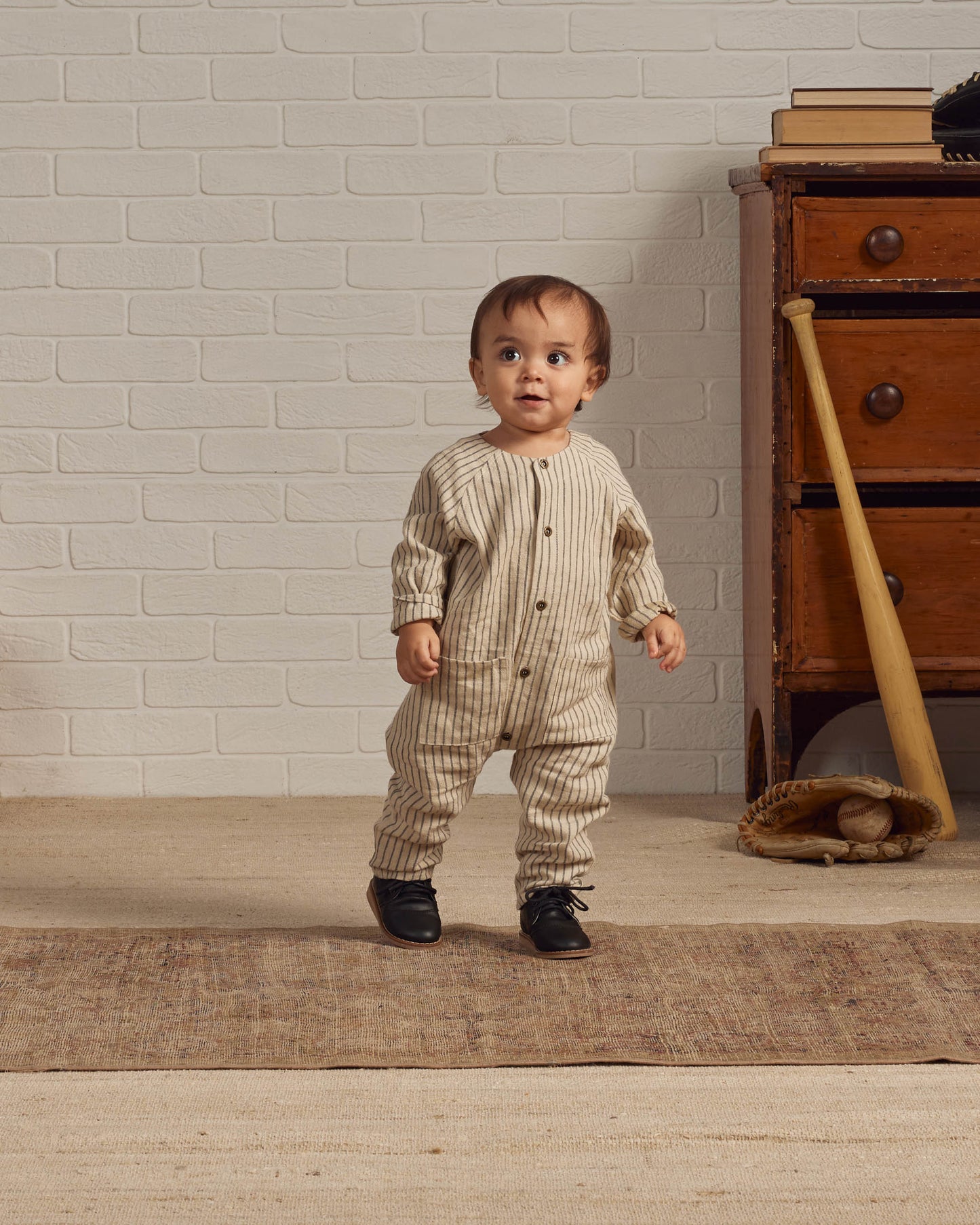 Rylee & Cru Roman Romper, Slate Pinstripe
