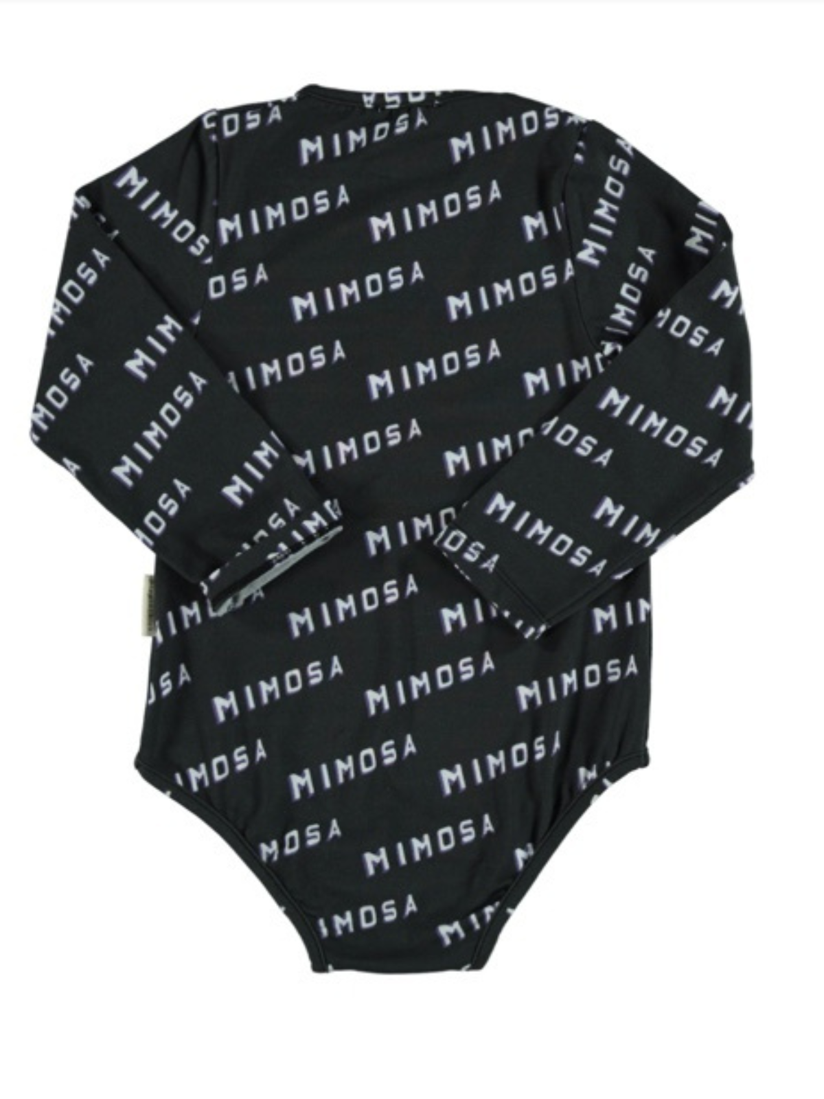 Black long-sleeve bodysuit with white repeating "MIMOSA" text pattern.
