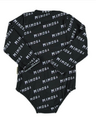Black long-sleeve bodysuit with white repeating "MIMOSA" text pattern.