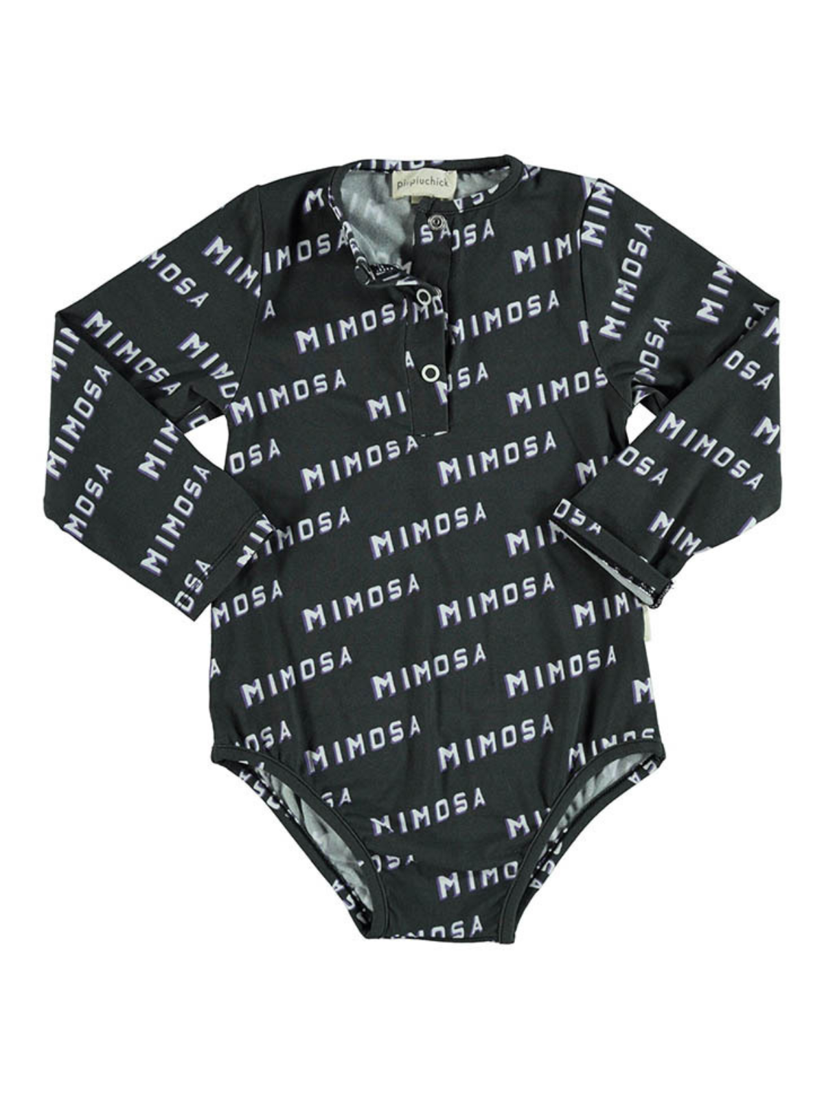Black long-sleeve bodysuit featuring repeated “MIMOSA” text pattern in white. Suitable for casual wear.