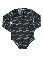Black long-sleeve bodysuit featuring repeated “MIMOSA” text pattern in white. Suitable for casual wear.