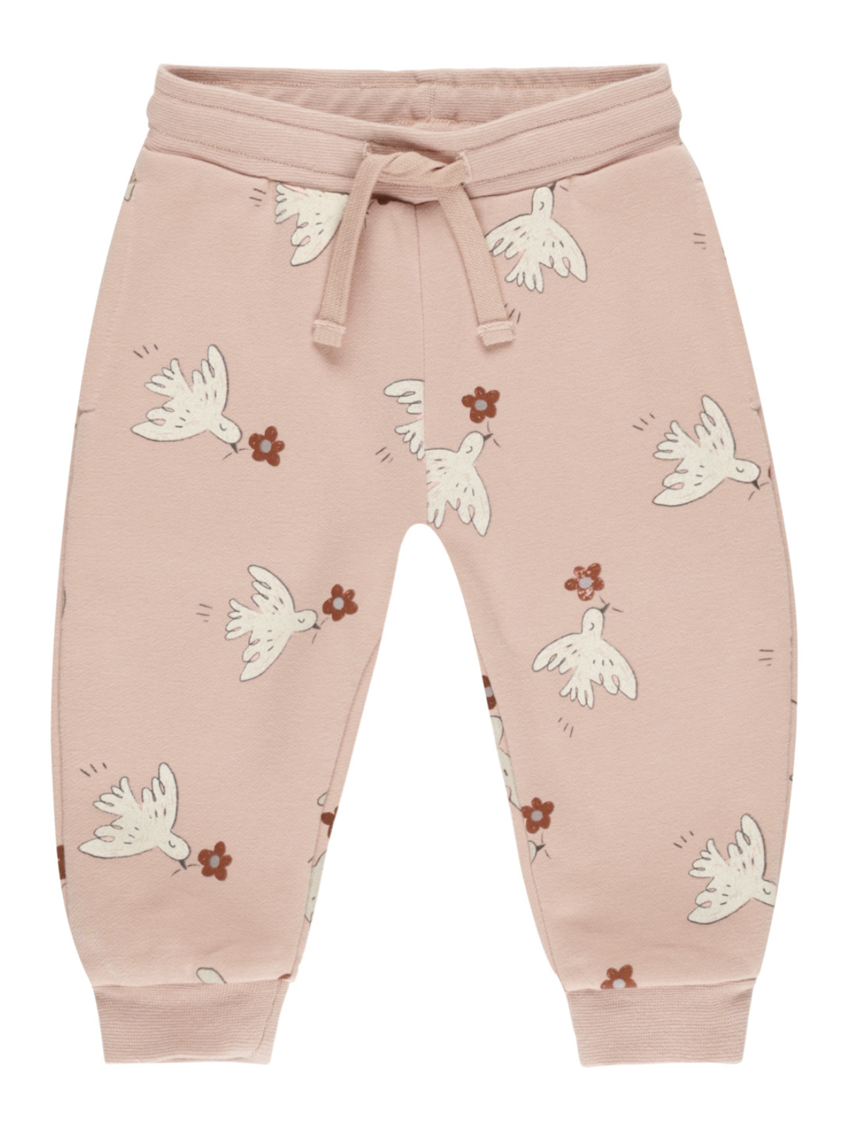 Pink children’s sweatpants featuring white birds and small floral patterns. Casual and comfy design.