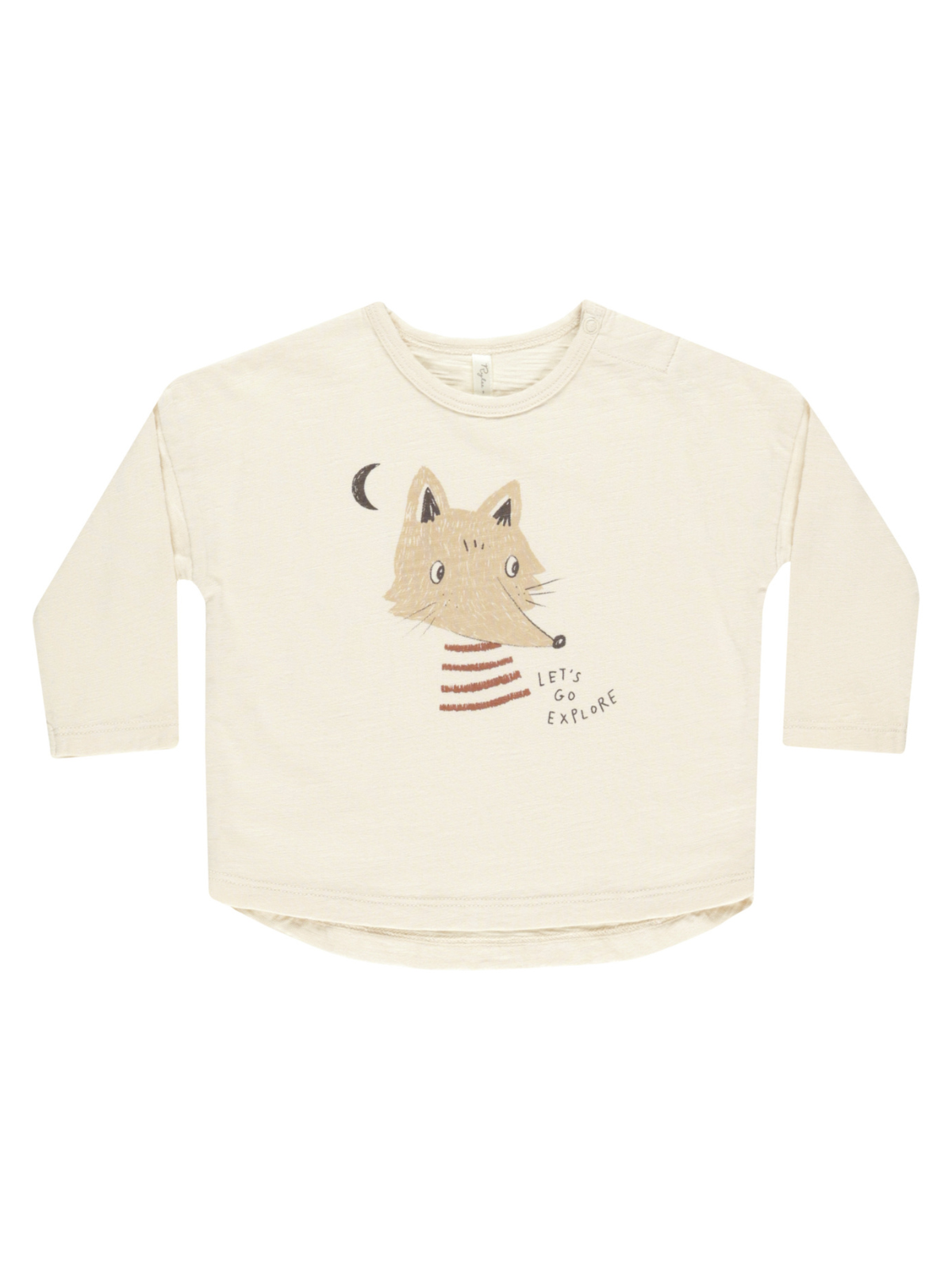 Cream long-sleeve shirt featuring a whimsical fox graphic with the text "Let's Go Explore."