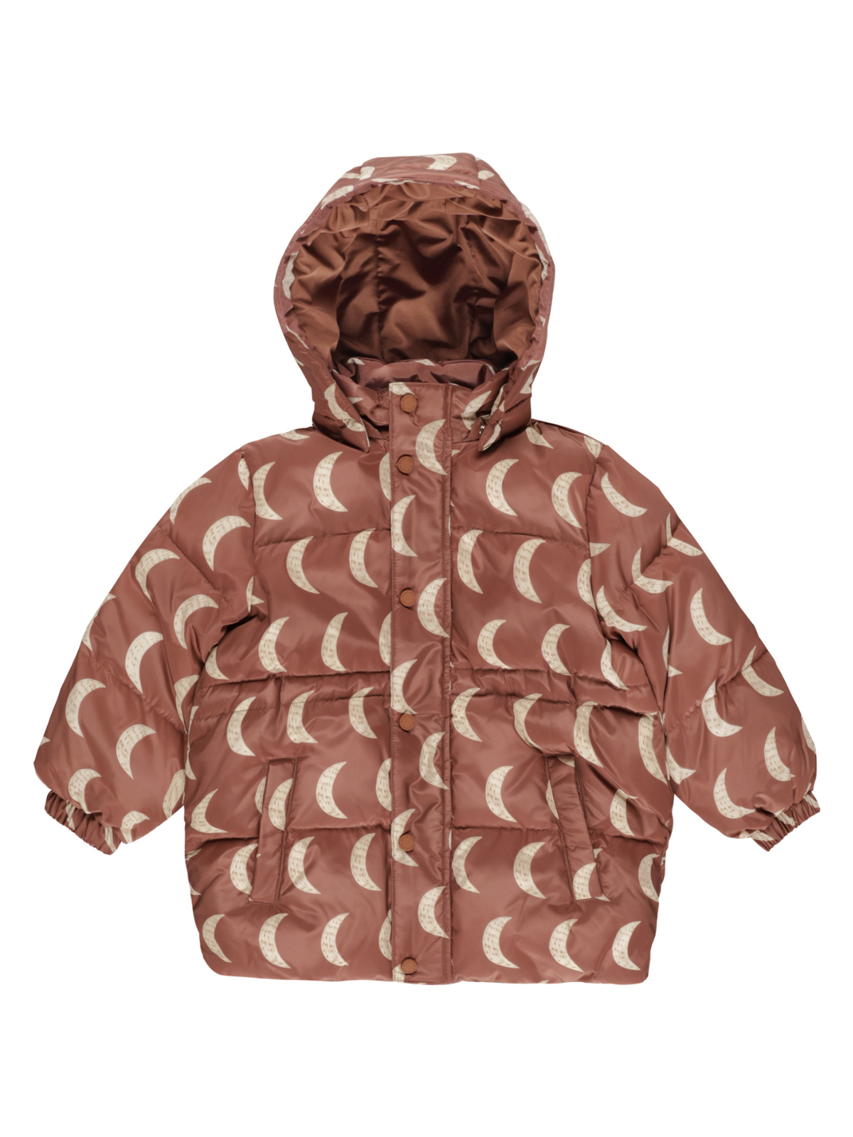 Brown puffer jacket with cream crescent moon pattern and a hood, featuring buttons and front pockets.