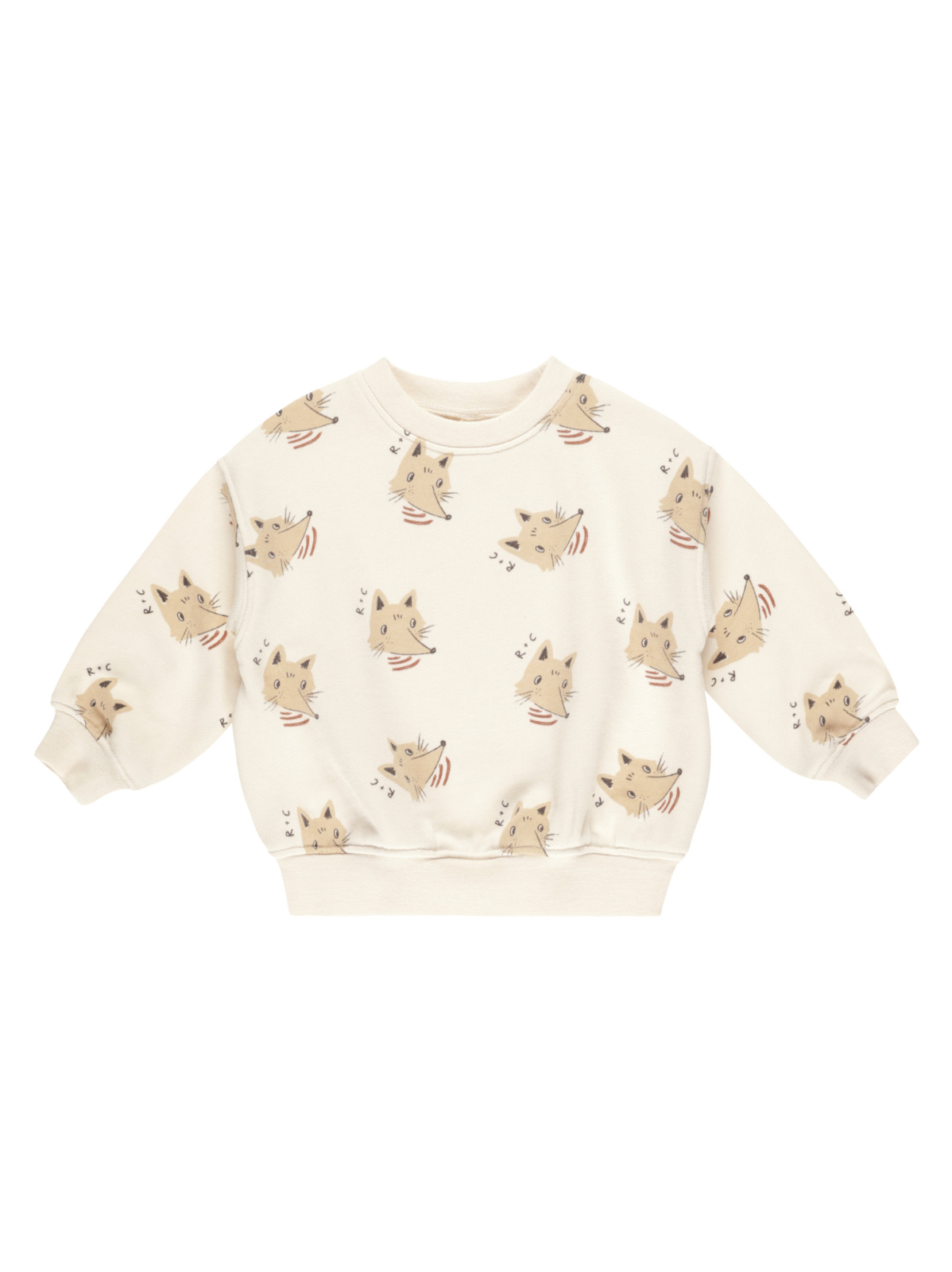 Cream sweatshirt with playful fox prints in various poses. Perfect for casual wear.