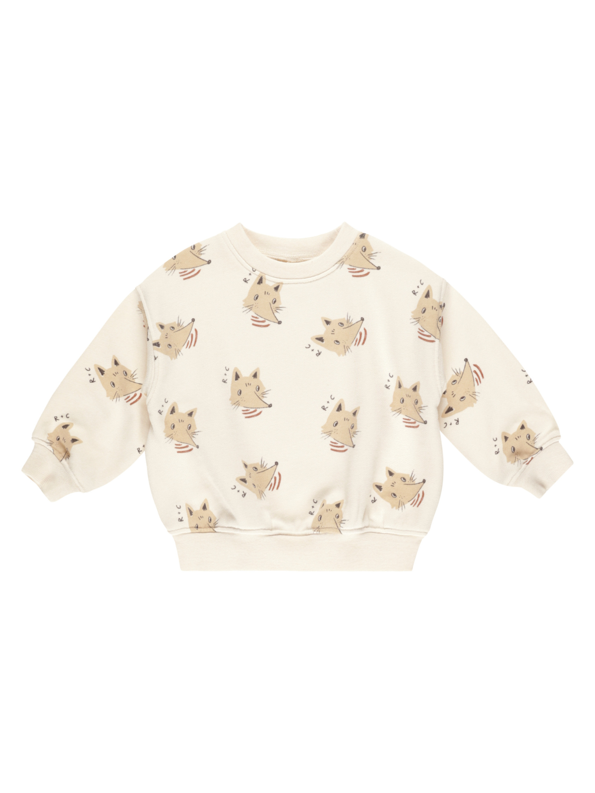 Cream sweatshirt with playful fox prints in various poses. Perfect for casual wear.