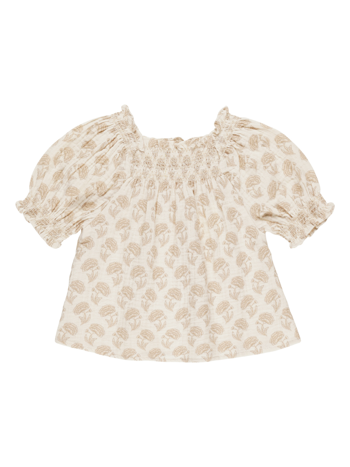 Cream blouse with floral pattern, puffed sleeves, and smocked neckline, suitable for casual wear.