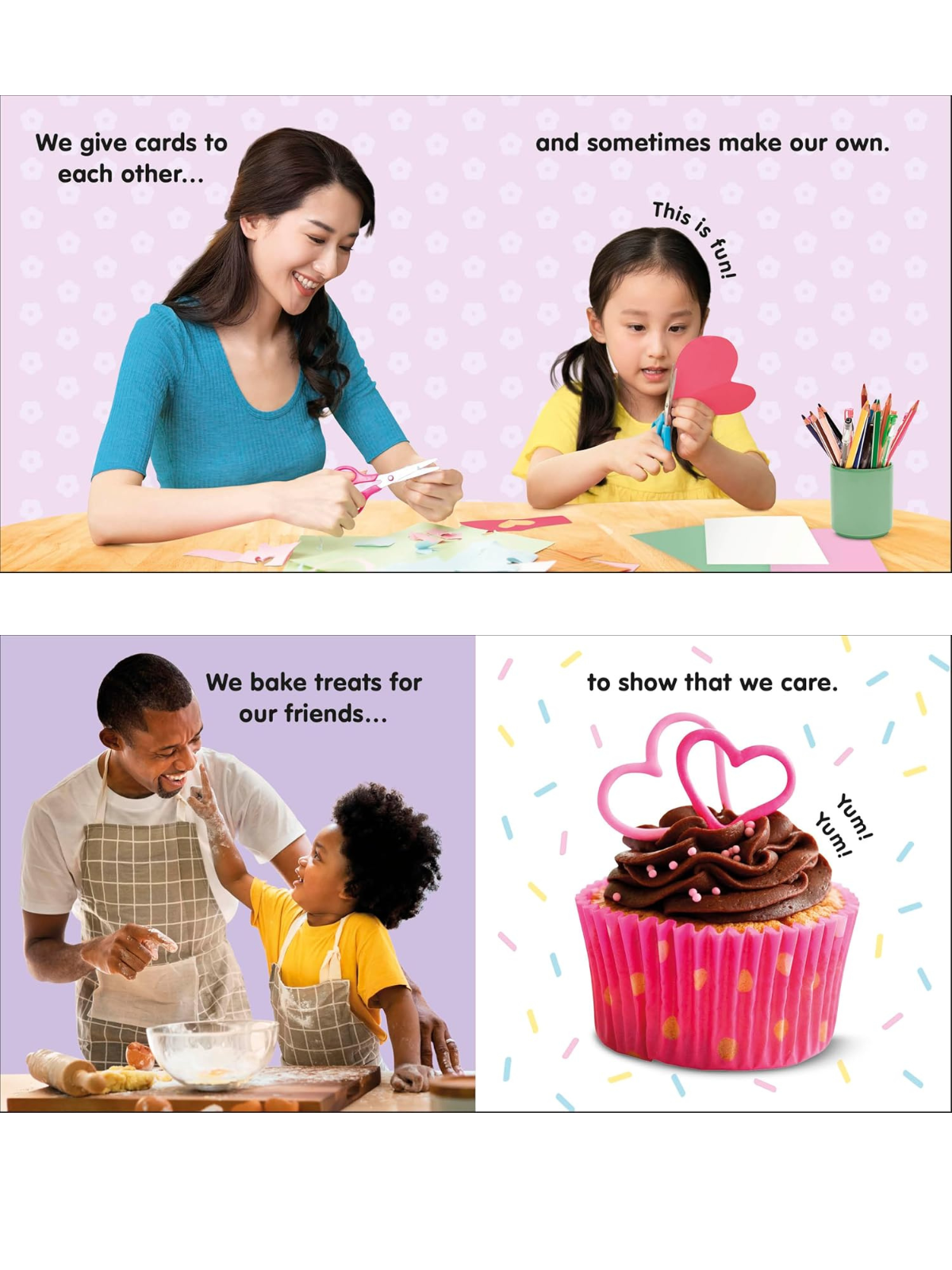 Two adults and children create cards and bake treats, celebrating creativity and care, with a colorful cupcake featured.