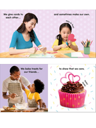 Two adults and children create cards and bake treats, celebrating creativity and care, with a colorful cupcake featured.