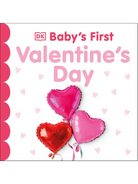 Cover of "Baby's First Valentine's Day" with heart-shaped balloons in pink and red.