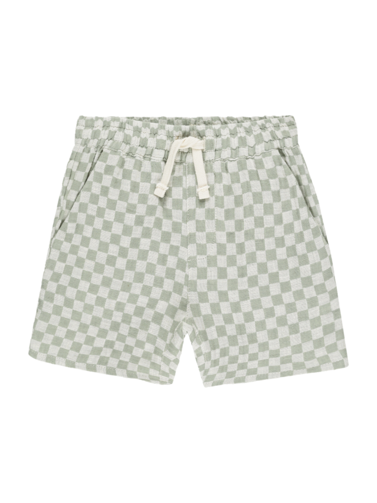 Light green checkered shorts with an elastic waistband and drawstring. Ideal for casual wear.