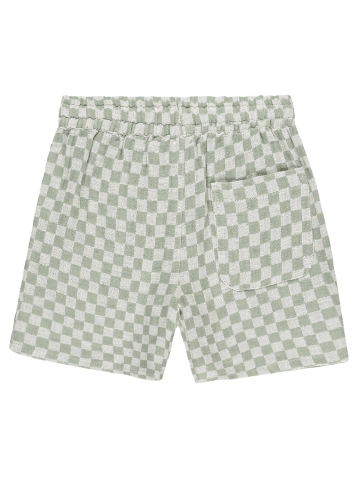 Light green checkered shorts with an elastic waistband and a single side pocket.