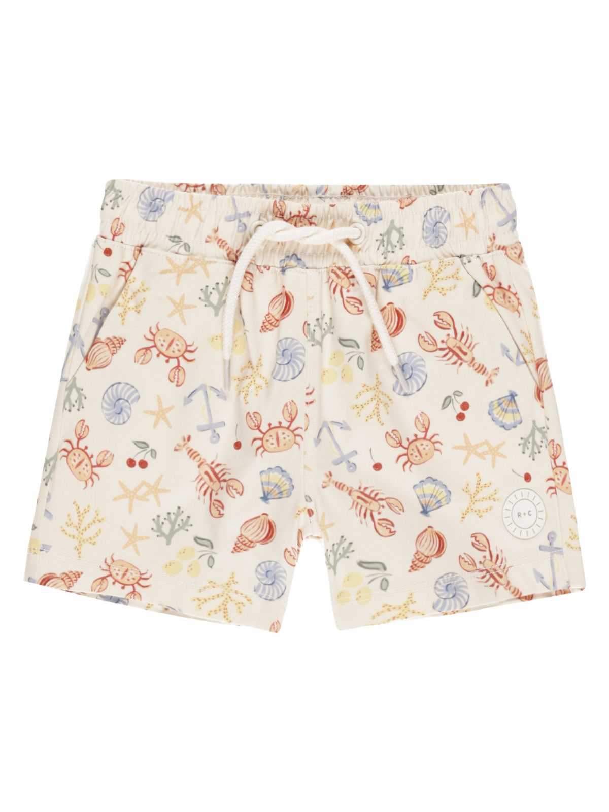 Children's swim shorts with a fun crab and seashell pattern on a light background. Drawstring waist for adjustable fit.